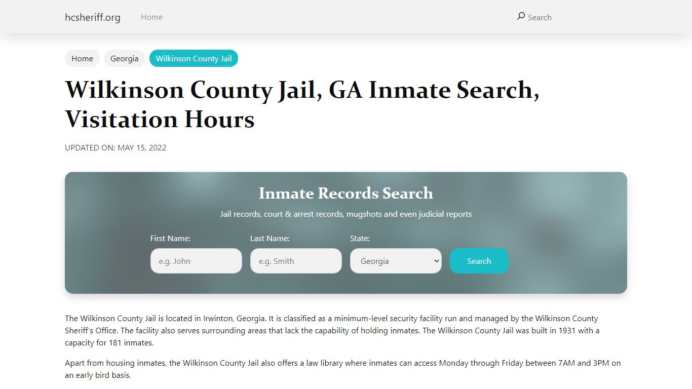 Wilkinson County Jail, GA Inmate Search, Visitation Hours