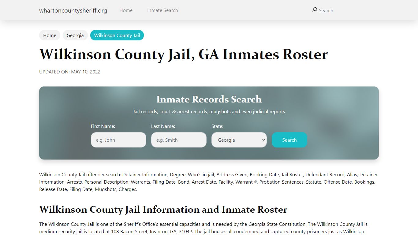 Wilkinson County Jail, GA Jail Roster, Name Search